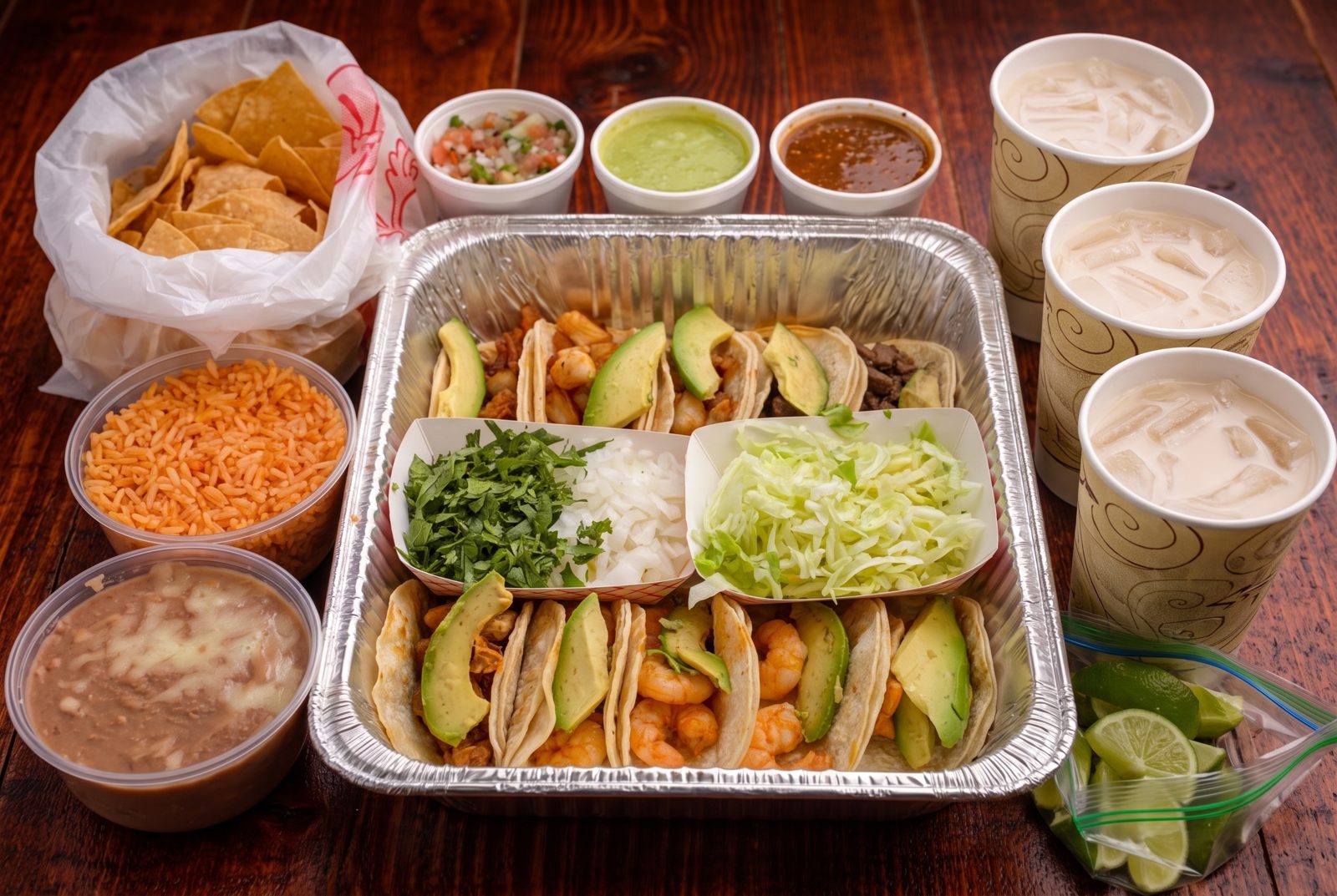 Catering trays of Mexican food prepared for a group