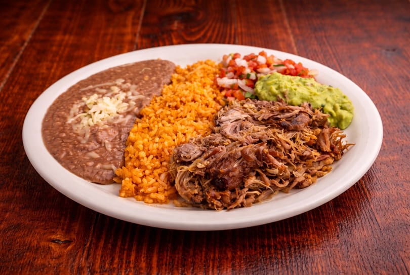 Mexican plate with shredded pork, refried beans, rice, pico de gallo, and guacamole.