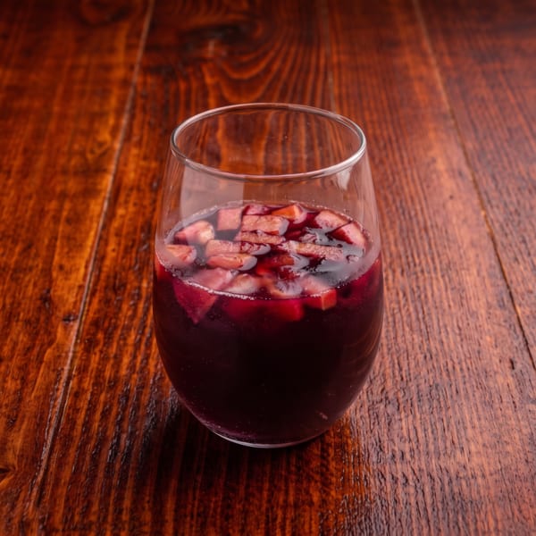 Glass of red sangria with diced fruit on a rustic wooden table.